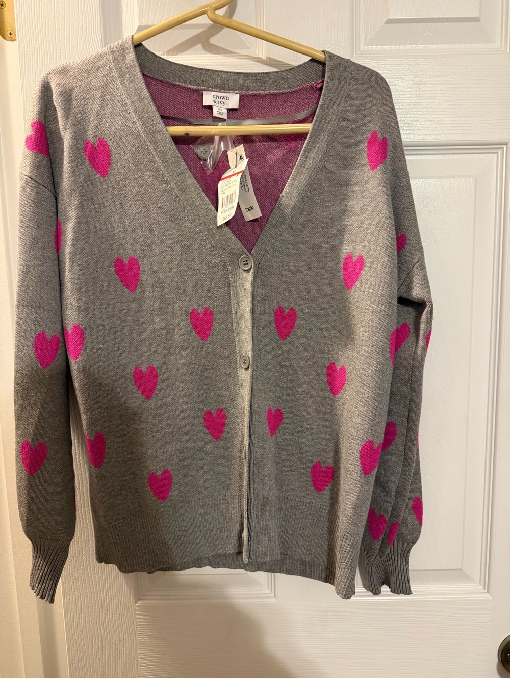 crown & ivy Gray Cardigan with Bright Pink Heart Pattern